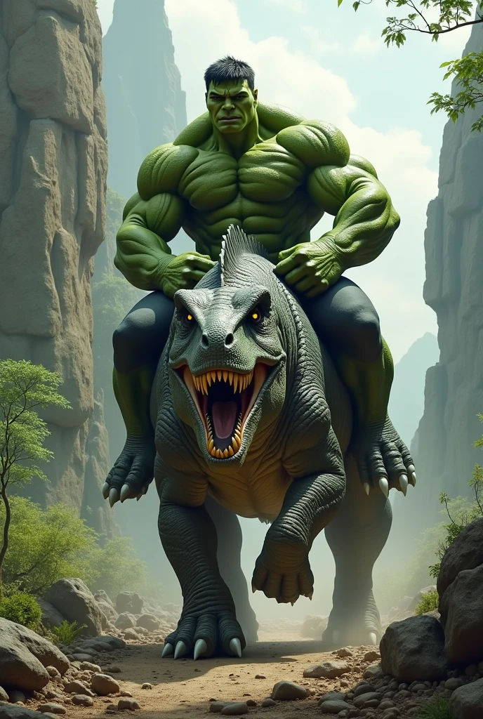 Hulk sitting ing on the back of a large danger dinosaurs, dinosaur walking forward