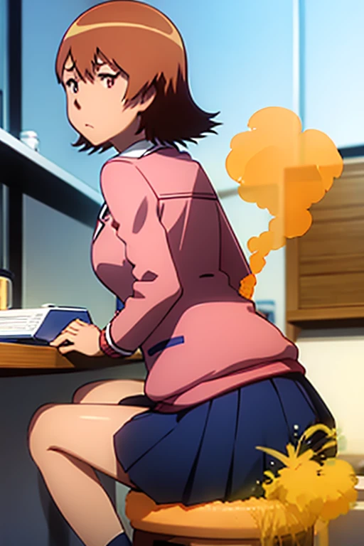  Highest quality, masterpiece, High Resolution, 1 girl,  pooping, sora_takenouchi, 1girl, solo, short hair, orange hair, maroon eyes, school uniform, blue jacket, blue blazer, long sleeves, skirt, farting, Ass, Massive Farting,