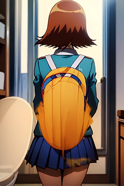  Highest quality, masterpiece, High Resolution, 1 girl,  pooping, sora_takenouchi, 1girl, solo, short hair, orange hair, maroon eyes, school uniform, blue jacket, blue blazer, long sleeves, skirt, farting, Ass, Massive Farting,