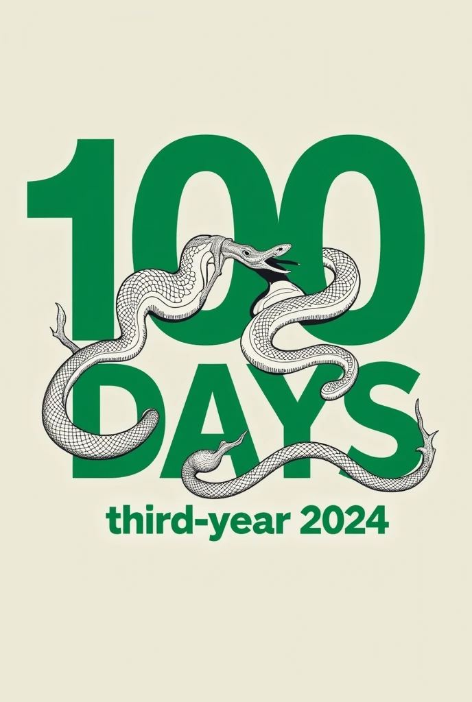 Create a written blouse designs "100 days" highlighted in green on the first line and third-year 2024 written below in a smaller font. Coloque uma cobra com o contorno branco passando pelos 100 days e abrindo a boca em ca dos 100