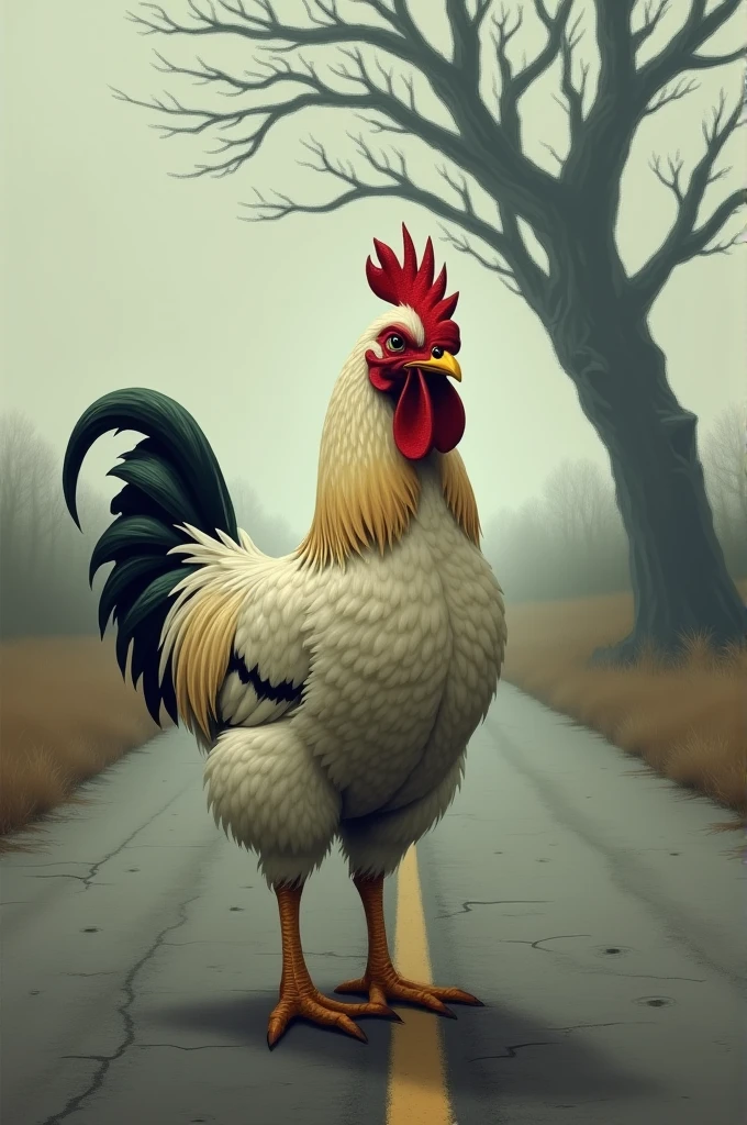 A sad chicken in the middle of road and a tree with this chicken 
