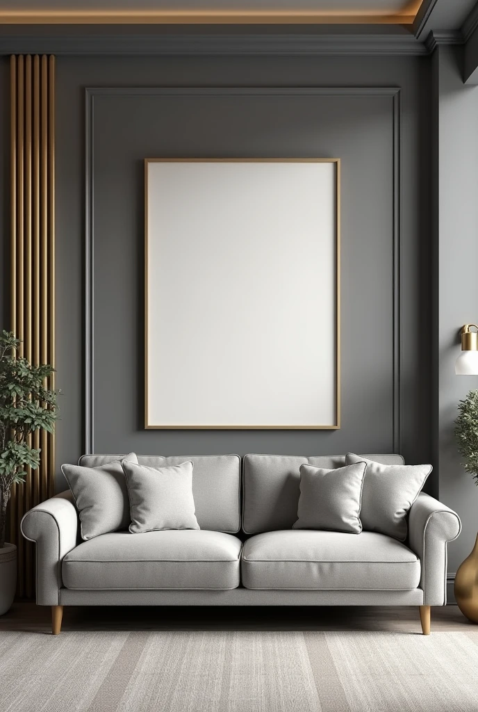 A LIVING ROOM WITH A POOFY GRAY SOFA A GRAY RAGE WALL WITH GOLD STRIPS AND A big EMPTY VERTICAL FRAME