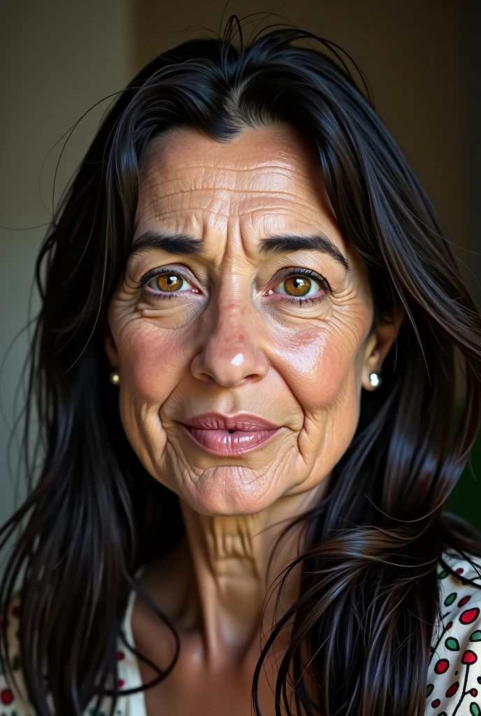 Women Straight  long hairs fat face  mid 50’s age with.around forehear and eyes fair snd palestinian features and round big eyes and huge lips and black hairs and brown eyes and big nose very chubby cheeks and fat chin 