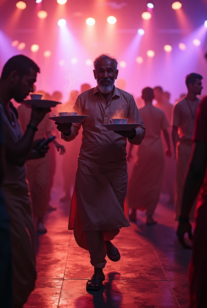 Indian tea vendor in a disco club vibing
