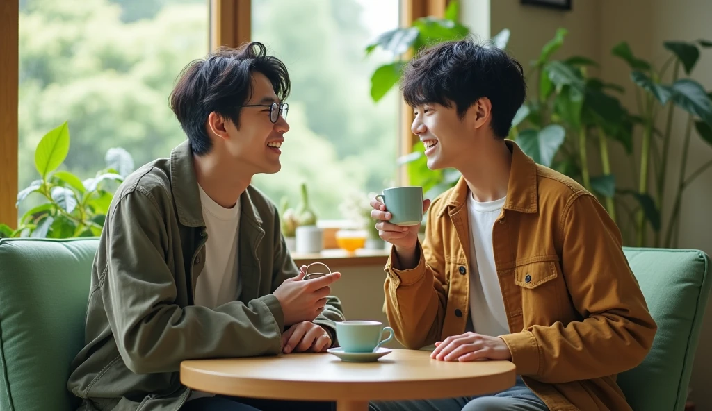 Two Japanese male college students wearing fashionable clothes are drinking tea and talking in green chairs with bright expressions,Excited, Photo of your face, In the room, with a natural look, With a slightly tired look, tilt your face a little, Diagonal orientation, Average face