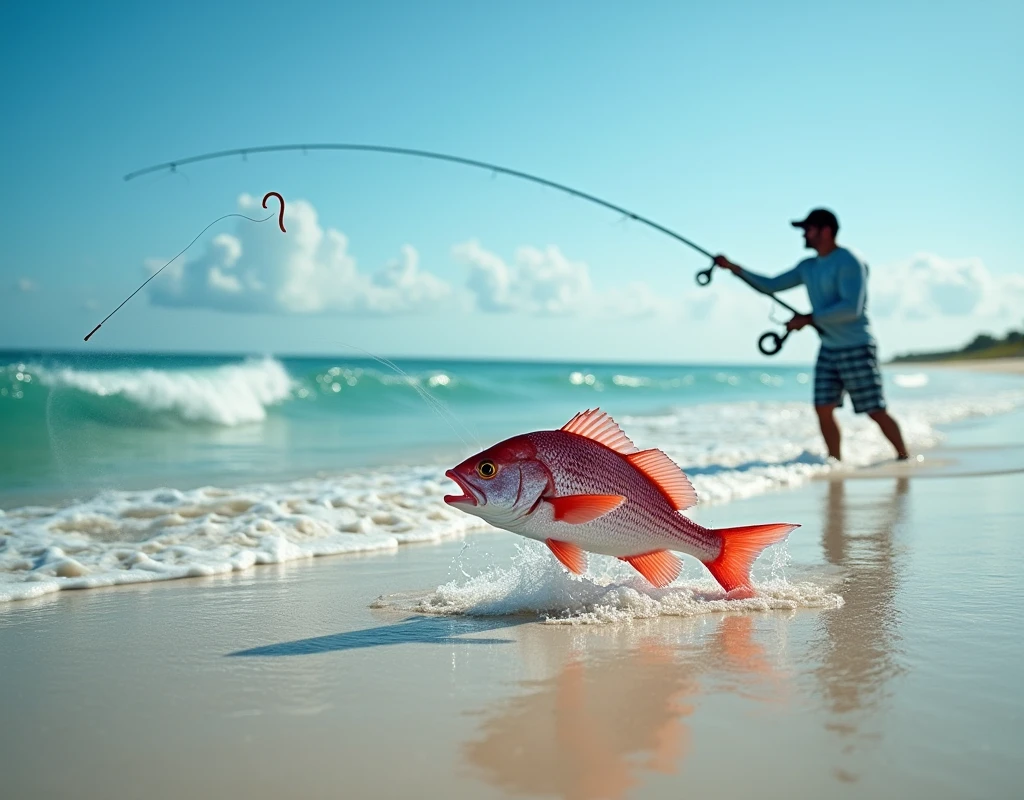 Professional photos, The worm landed on the water, Thrown from a fishing pole, Red Snapper biting from the sandy beach, dynamic motion, Clear Ocean Beach blue water surf casting, (surf casting), A fisherman can be seen on the beach in the background looking towards us., Bend the surf rod in your hand, Staring intently at the fish, BREAK The moment the fish bites the worm, and…