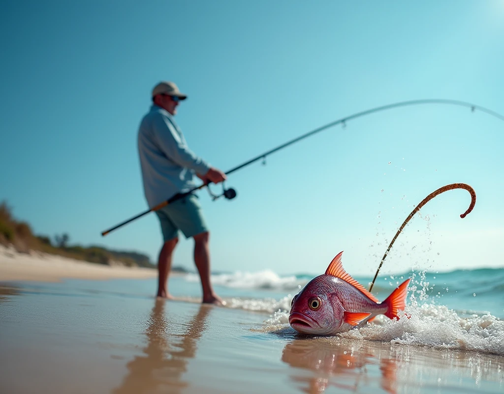 Professional photos, The worm landed on the water, Thrown from a fishing pole, Red Snapper biting from the sandy beach, dynamic motion, Clear Ocean Beach blue water surf casting, (surf casting), A fisherman can be seen on the beach in the background looking towards us., Bend the surf rod in your hand, Staring intently at the fish, BREAK The moment the fish bites the worm, and…