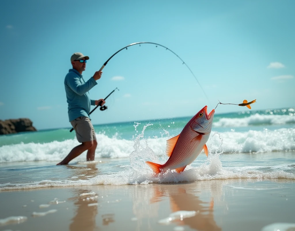 Professional photos, The worm landed on the water, Thrown from a fishing pole, Red Snapper biting from the sandy beach, dynamic motion, Clear Ocean Beach blue water surf casting, (surf casting), A fisherman can be seen on the beach in the background looking towards us., Bend the surf rod in your hand, Staring intently at the fish, BREAK The moment the fish bites the worm, and…