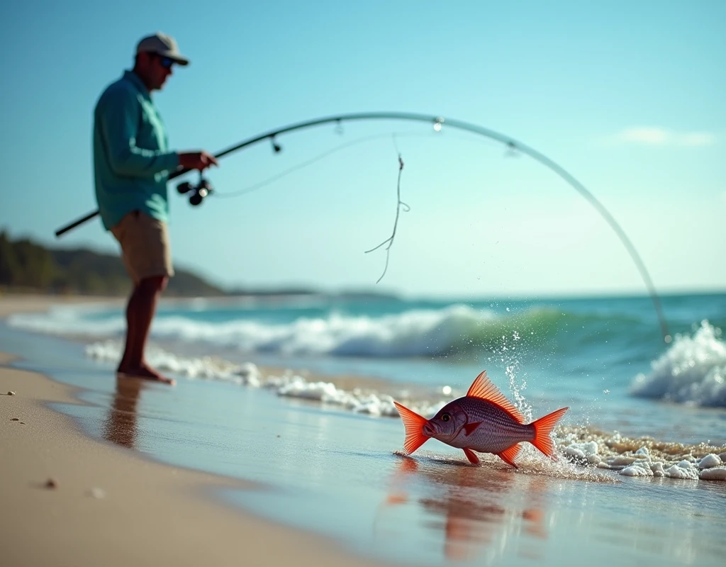 Professional photos, The worm landed on the water, Thrown from a fishing pole, Red Snapper biting from the sandy beach, dynamic motion, Clear Ocean Beach blue water surf casting, (surf casting), A fisherman can be seen on the beach in the background looking towards us., Bend the surf rod in your hand, Staring intently at the fish, BREAK The moment the fish bites the worm, and…