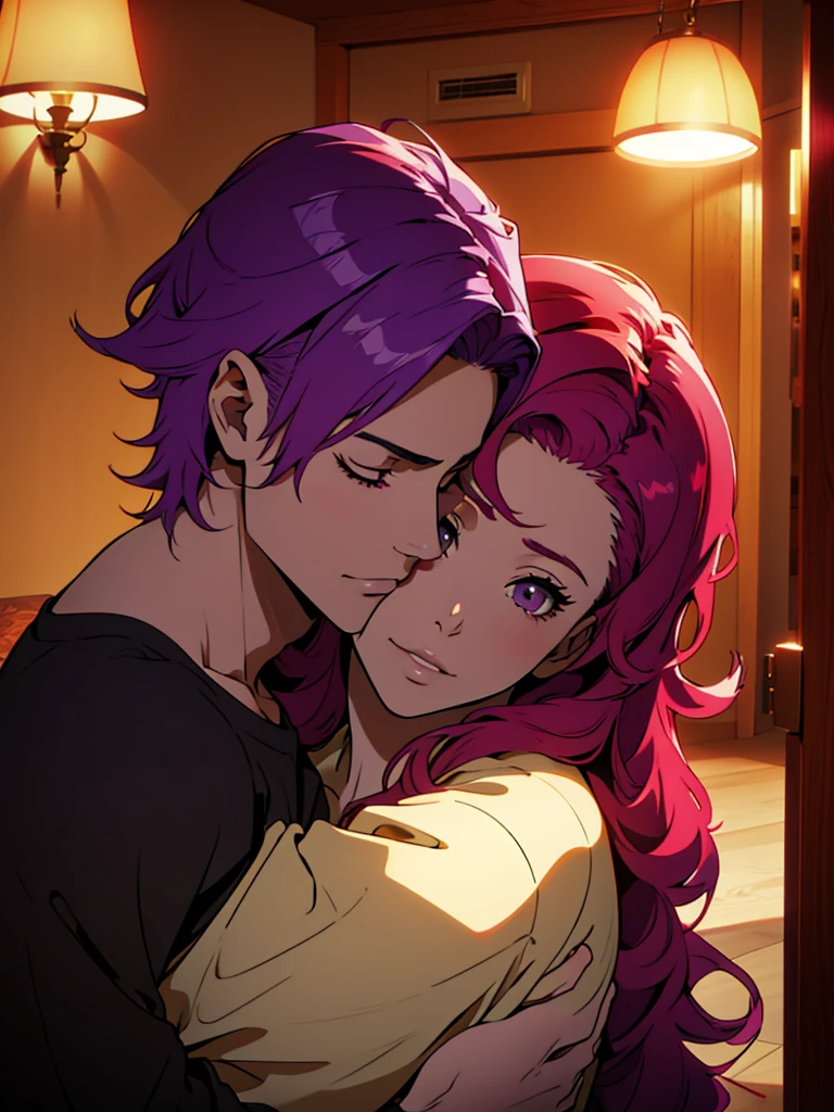 boy (short red hair) hugs and kisses the girl on the forehead (long purple hair), room, coziness, muffled light, Love