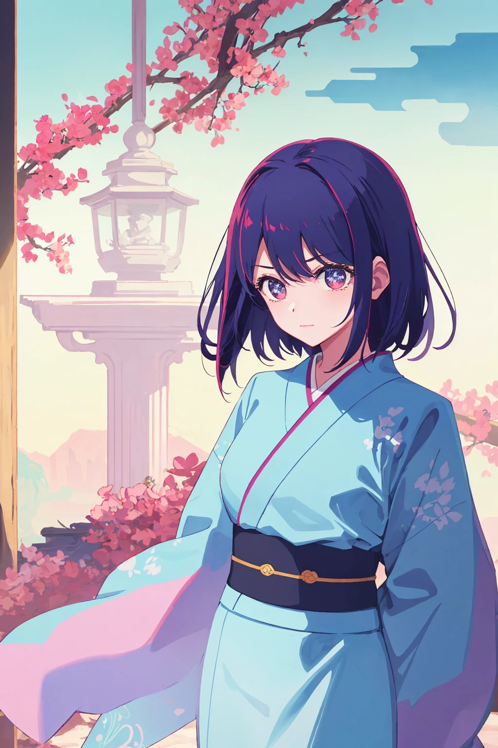 １Beautiful girl of the people,Kentaro Yabuki,Highest quality,Highest quality,Short Bob Hair､Transparency､Cherry-colored hair､kimono､Arms folded behind back､Japanese sword on waist