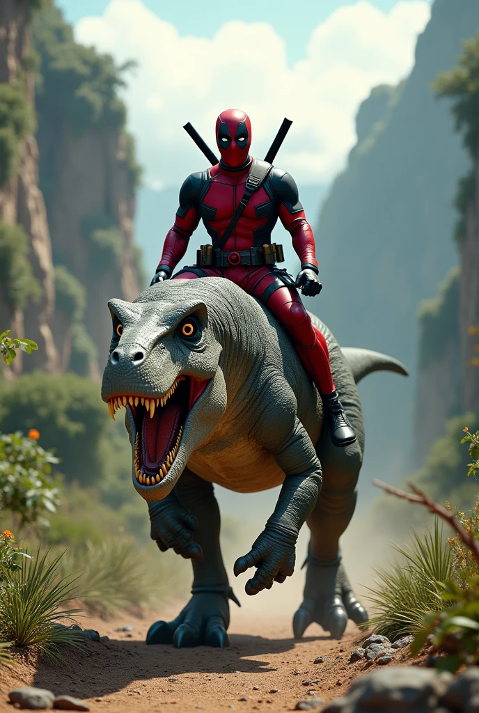 Deadpool sitting ing on the back of a large danger dinosaurs, dinosaur walking forward 