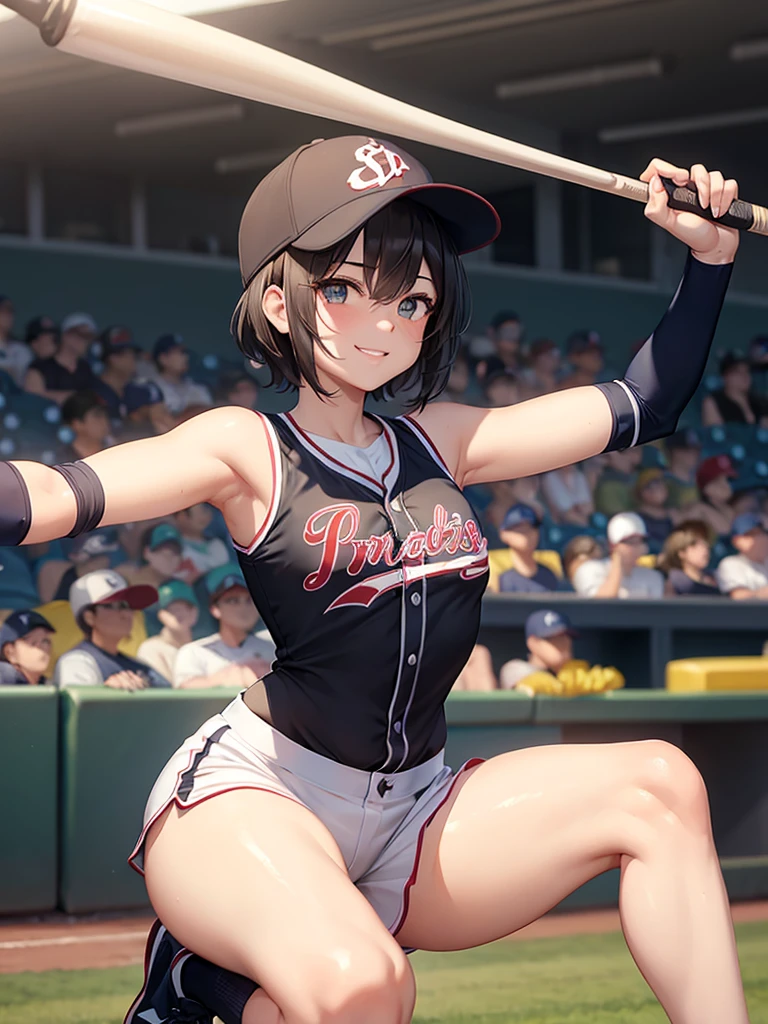 (masterpiece), best quality, expressive eyes, perfect face,1girl, holding_baseball_bat, baseball_uniform, baseball stadium,smile, very short_shorts, (sleeveless), (wide_hips:1.2), short_hair, spread_legs, swinging bat,hitting ball