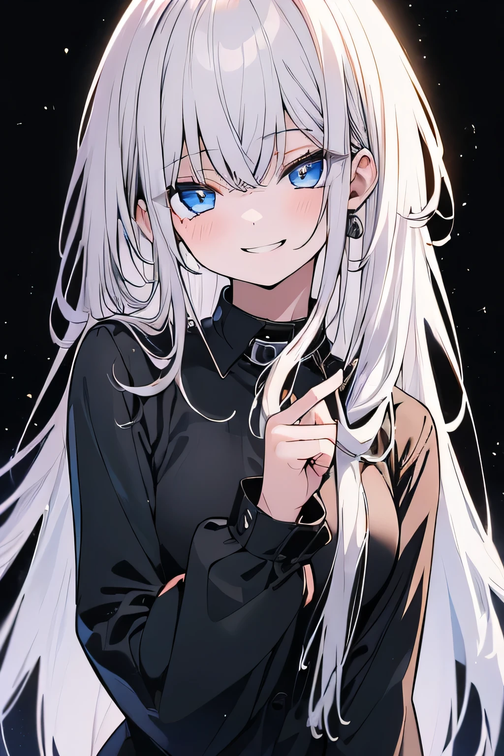 (best quality:1.4), (ultra highres:1.2), (8k, RAW photo:1.2), manhwa-artstyle, 1girl, solo, long hair, looking at viewer, smile, white hair, blue eyes, upper body, black shirt, Perfect Hands,