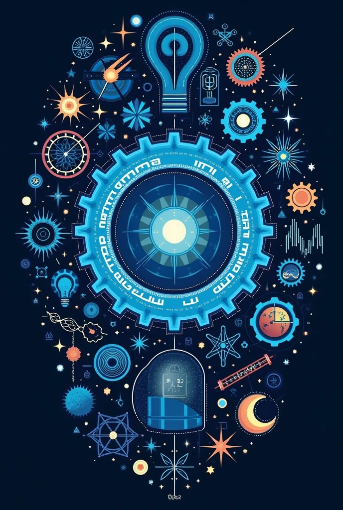 about Science, Technology, Engineering, And Mathematics posters have a dark blue backround and designs like gears, dna, galaxy and stars and don't put humans in it and title of "Unlocking the Future: Breakthroughs in Science and Technology"