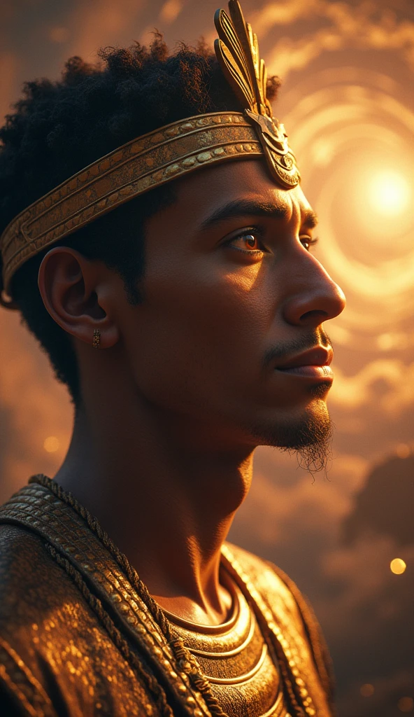 Show Atum contemplating the universe in Egyptian mythology. Atum is depicted as a male figure in his 40s, with golden-brown skin and piercing dark amber eyes. His hair is short, curly, and black, with a hint of gray. His face is wise, reflecting deep thought and the responsibility of creation. Atum wears the double crown of Upper and Lower Egypt, and his skin glows with a golden hue. The background features the vast cosmos with stars and galaxies forming, as Atum looks over his creation. Use masterpiece, best quality, CG, wallpaper, HDR, high quality, ultra detailed face, cinematic, high detail, 8k, raw, high, artstation HQ, unreal engine, octane renderer, 4k resolution, hyperrealistic, highly detailed, and absurdres settings