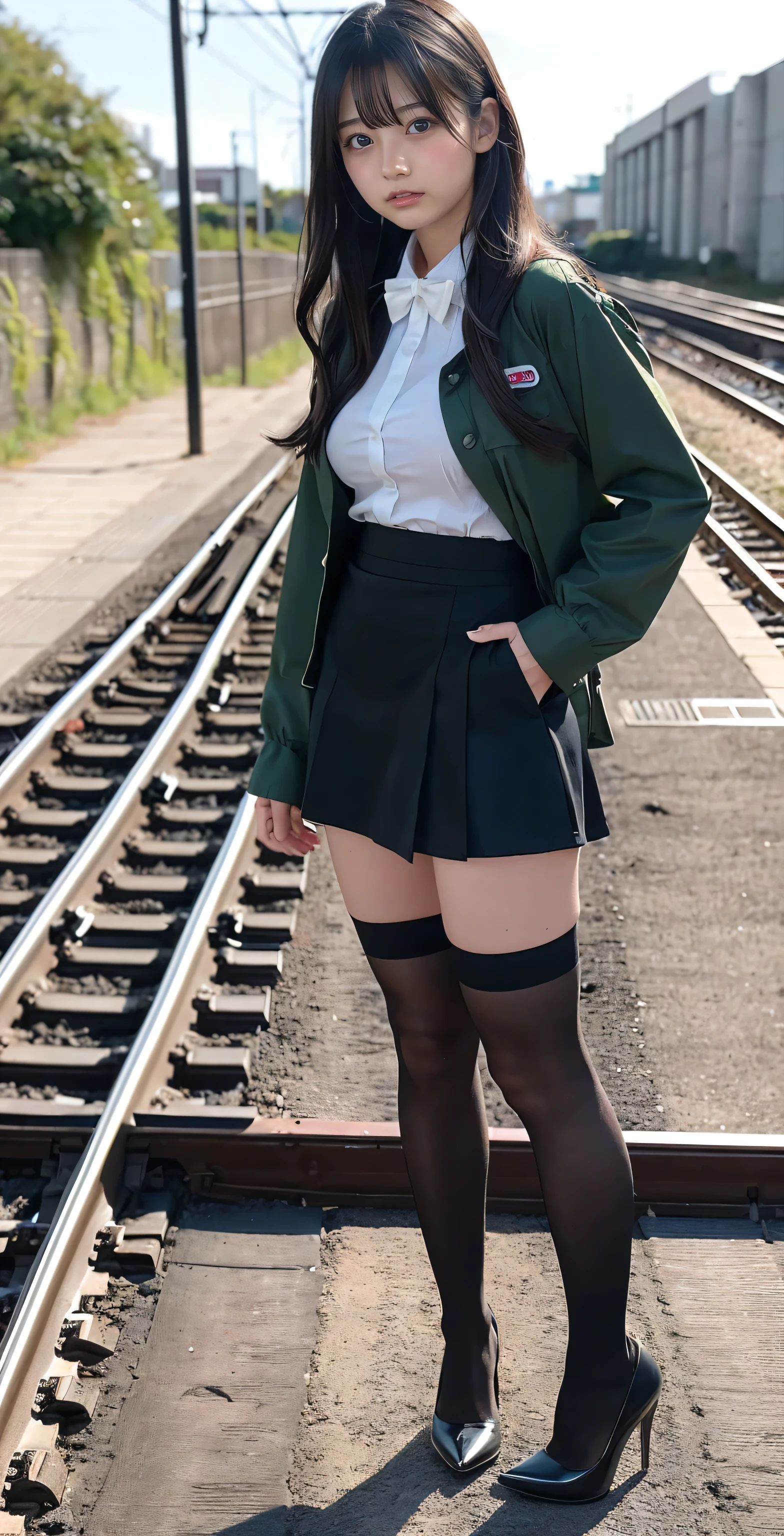 Great quality, 16K, (RAW Photos:1.4), High resolution, ((Composition away from the subject)), ((Full body photo from face to ankles)), ((Perfect Anatomy)), (((2 women))) 24-years-old, (Please take a picture from the front.), First Person View, Wide-angle, 超High resolution, Anatomically correct, Super Detail, (8k), (Highest quality: 1.5), Very detailed, Golden Ratio, (Two tall Japanese college students), 24-years-old, (H Cup Big:1.7), Very large breasts bigger than a face, Cleavage, (Two Sisters), (Full body photo), Large build, ((A dark green shirt with ribbon and a tight black miniskirt)), Detailed skin, Glowing Skin, Baby Face, Japanese, sakimichan, Jaeyoung Nam, Kim Tae-jun, double eyelid, eyes with long eyelashes, Small face, Three Sisters, (Full body photo), (Super cute face), A little smile, Black Hair, Long Hair, hair band, Glare, Frowning, Frowning, Frowning, Overlooking here, (((Extremely accurate railway tracks)))Please stand in the center of, Stretch your back, bright,black tights, (Sexy black tights), Brown high heels, Full Body Shot, Beautiful Hairstyles, Accentuates very wide legs,(Very cute face, Overlooking here, Keep your hands on your hips, Stand with your feet shoulder-width apart), Simple uniforms, The sisters are wearing the same., Long sleeve uniform, ((thick and long legs)), (Very wide thighs:1.6), (Very long legs:1.4), (I always wear black tights), (The tight mini skirt is a plain black, Very short), (Oily shiny black tights) , (Wearing high heels), (Very wide thighs), (plump legs), (They always wear black tights.),The sisters are wearing the same clothes,  She is wearing a white shirt with a red ribbon and a tight black miniskirt., Street Snap, Full Body Shot of a woman wearing a micro mini skirt and black tights,(The skirt is very short), (Very long legs), (Very wide thighs), (plump legs), (She always wears black tights.), (Oily shiny black tights), (Wearing high heels), 