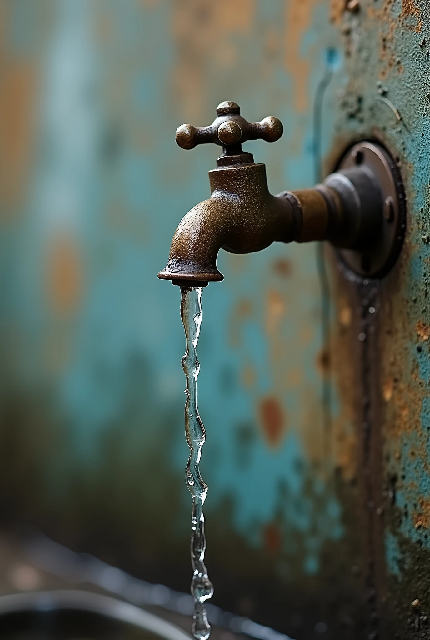 Water tap close-up side shot in frame falling single drops photo quality 4k high detail of small objects in the background dilapidated wall