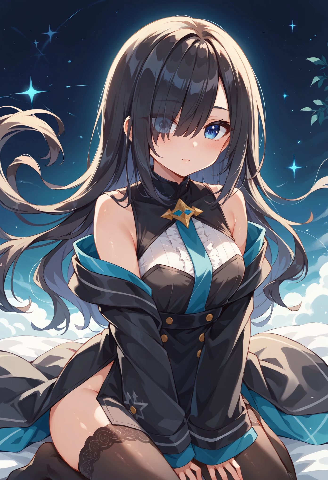 ((nsfw:2.0)),((All-black overcoat)),((A swordsman girl with long, dark hair))、(Beautiful sparkling blue eyes),(hair over one eye)、(cute),(Moe sleeves),black tights、((The end of the world))