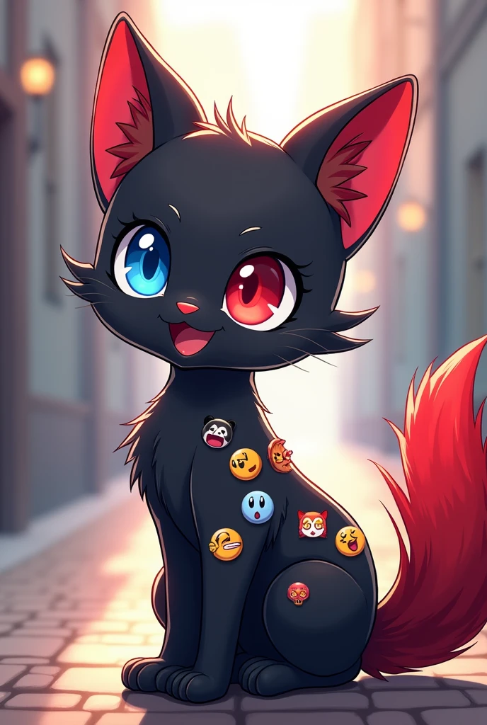 Animal with hot cartoon anime version stickers with black cat and blue -red eyes with crimson red tail with all types of emotions in the form of emoji