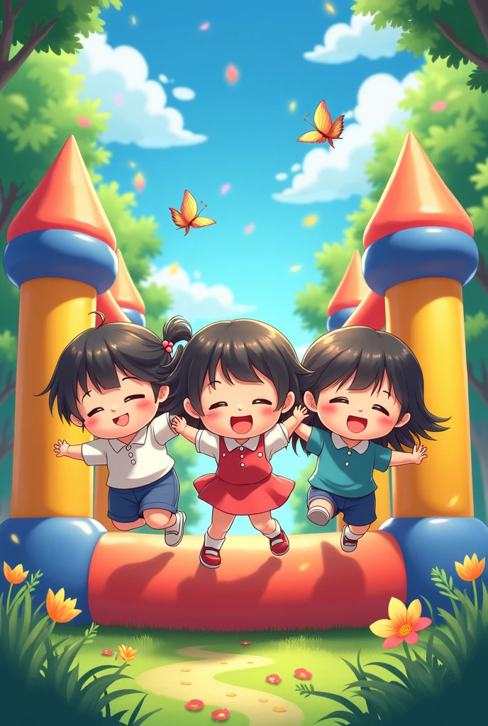 advertising poster showing children playing in their decent clothes on a bounce house with a slide, Where everything is very safe for everyone. It looks like a 2d Japanese anime drawing. Don&#39;t forget the jump-jump part