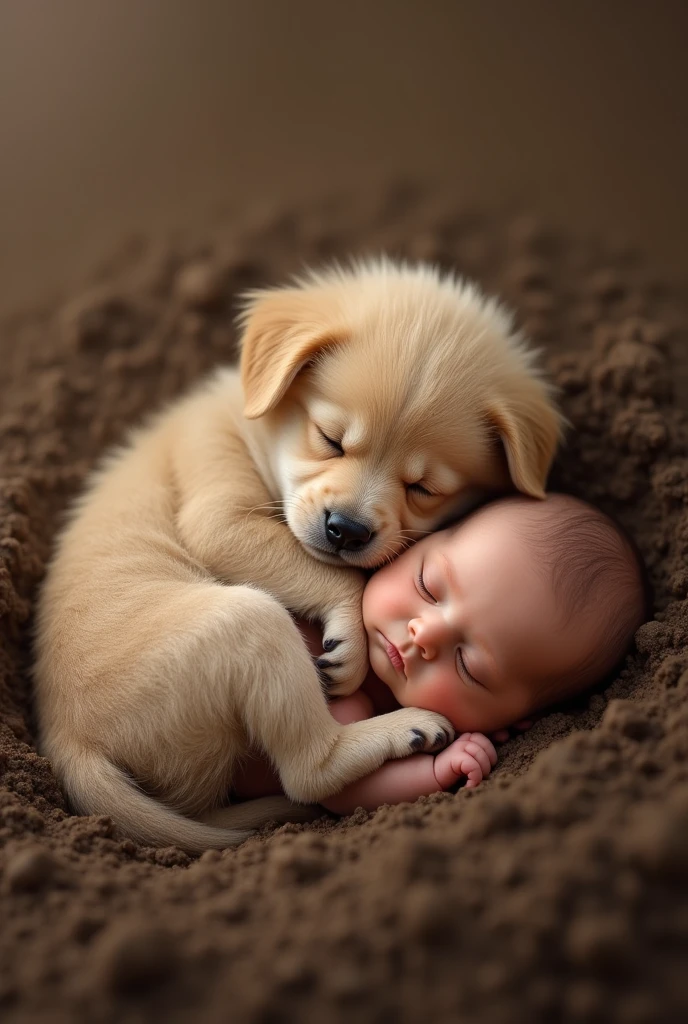 puppy sleep with baby in mud 
