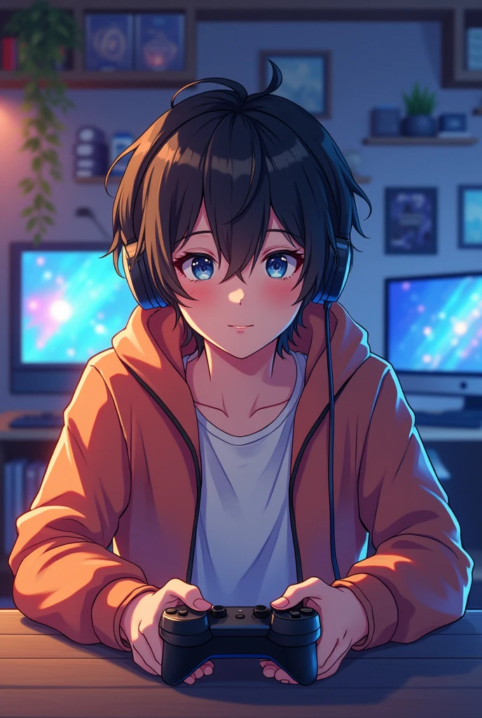 An cute anime man playing video games