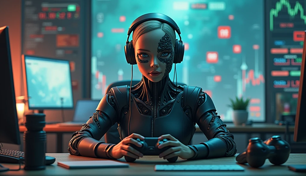 Create a human whose face is 10% robotic and the rest is like a human, and he is sitting in front of a table and is making eye contact towards the viewer, keep the stock market, anime and gaming in the table and background. yes