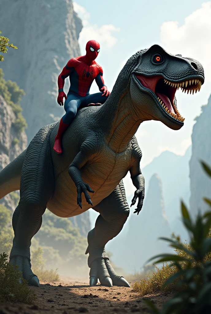 Spider-Man sitting ing on the back of a large danger dinosaurs, dinosaur walking forward