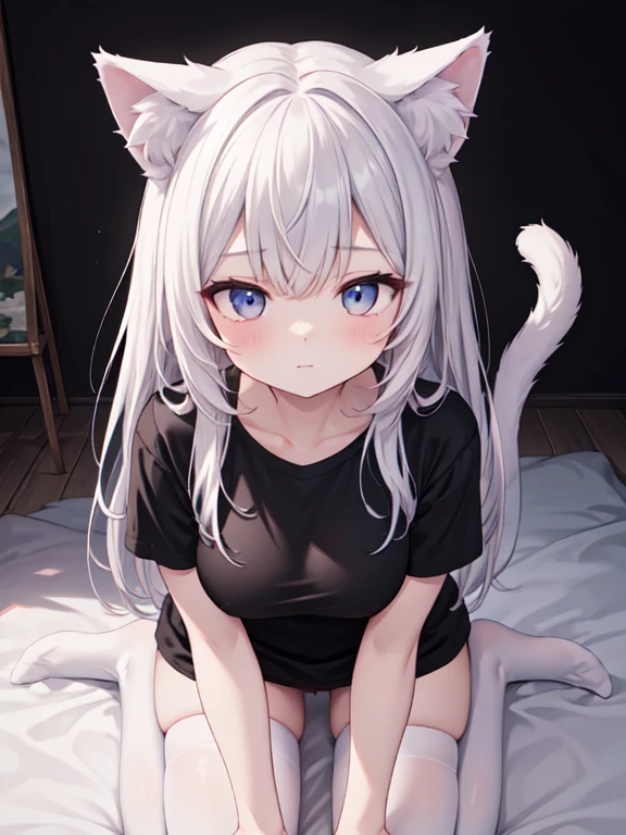 a girl with cat ears and cat tail, white stockings, black t-shirt, line art style, (best quality,4k,8k,highres,masterpiece:1.2),,studio lighting,ultra-fine painting,,detailed face,beautiful anatomy,