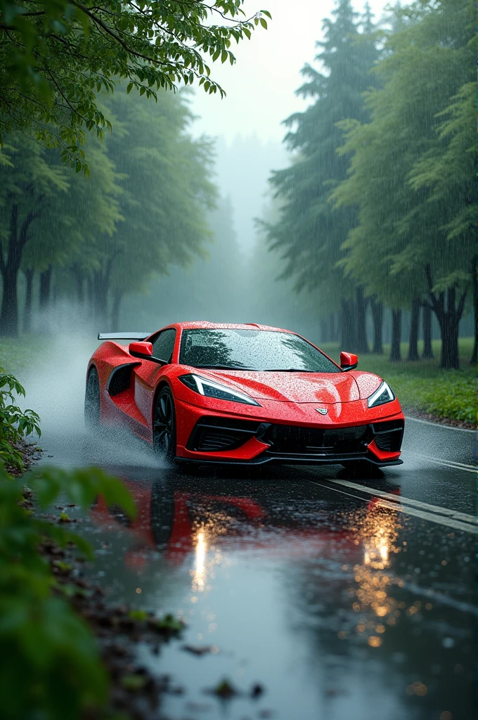 A red car driving on the road with green trees and having rain