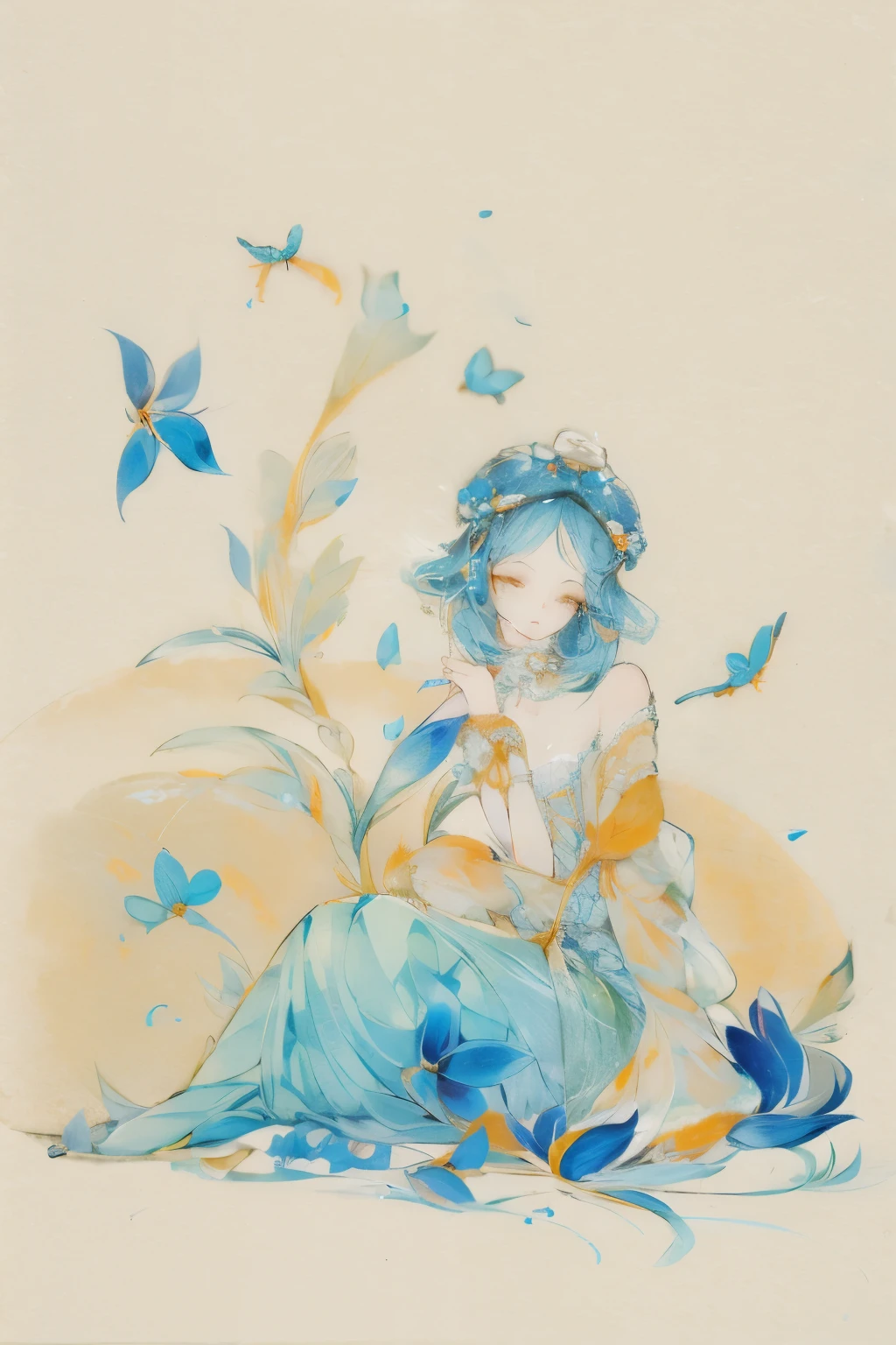 1 girl，Shimizu，Blue Butterfly，Pure white gauze skirt，shiny，Sitting in the air
