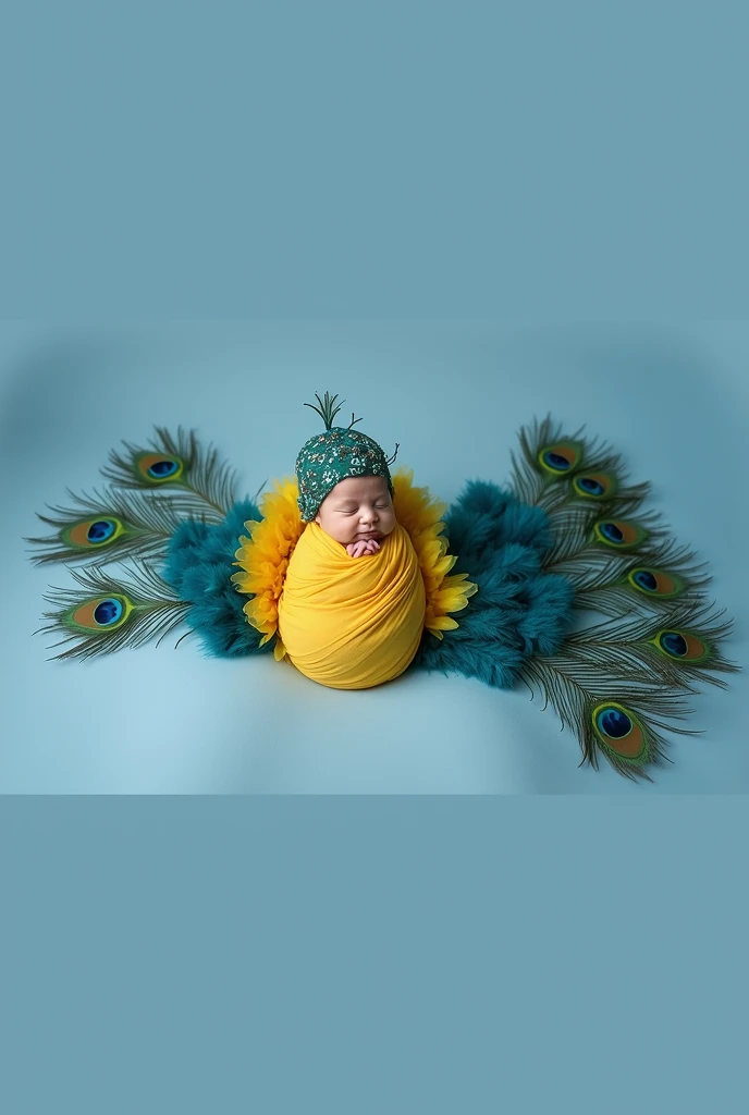 arafed  in a yellow wrap is wrapped in a peacock feather, peacock feather wrap the head, whole body photography, award winning studio photo, national geographic photoshoot, 9 brilliant peacock tails, inspired by Anne Geddes, anna nikonova, peacock, national geographic photo shoot, cute photo, full body photography, full costume