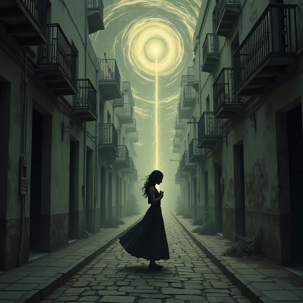 Create a powerful and evocative cover for a song titled 'O Som do Tango.' The image should convey the intense emotions and deep nostalgia expressed in the lyrics. The scene should feature a surreal, dark, and moody atmosphere in an old alley with swirling dense waves of energy representing low frequencies. These waves should feed on fear and the mysterious creatures of misunderstood realities. In the center, depict a figure, their heart visibly shaken by the vision of tango, which stirs deep sensations within the soul. The figure should be enveloped in subtle, infinite scales of vibrations, with a mix of old and new elements symbolizing the eternal sound of tango. The overall aesthetic should be reminiscent of the deep, profound, and timeless nature of tango, with a haunting yet beautiful quality.