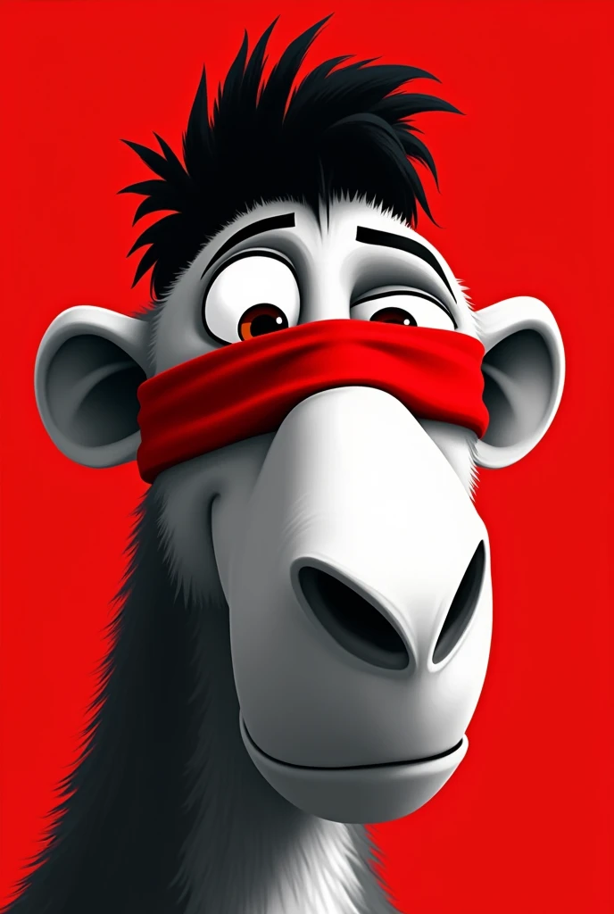 A stylized Art vectoriel portrait of a Ice Age's SID with a black and white face, partiellement obscurci par une bande rouge audacieuse sur ses yeux et sa bouche. L'arrière-plan est rouge uni. La figure semble solennelle, Art vectoriel, symmetrical