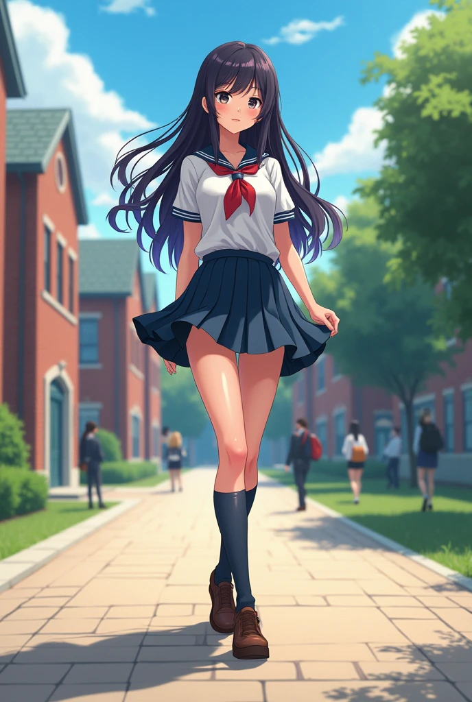 A high school girl wearing a short skirt 