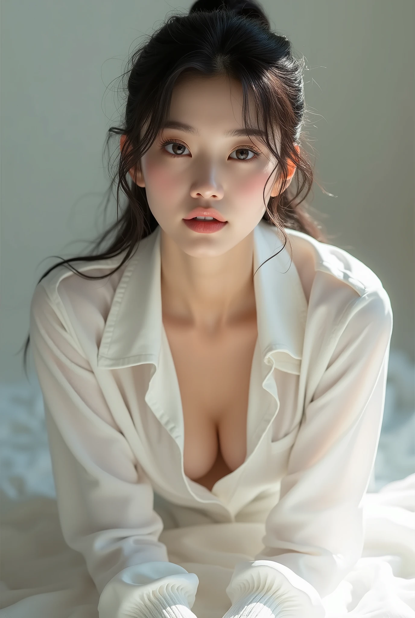 Similar to Japanese actress Kyoko Fukada 2。Hair in a ponytail、Fair skin、Glowing skin、Glossy lips、On all fours in a white shirt、I can see her cleavage