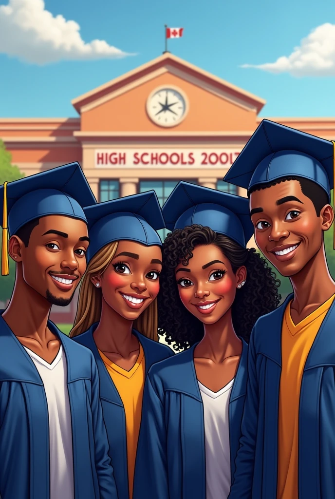 can you generate a book cover? FOUR senior high school students, two GIRLS, two BOYS all African-American in front of a high school with graduation caps and gowns on.