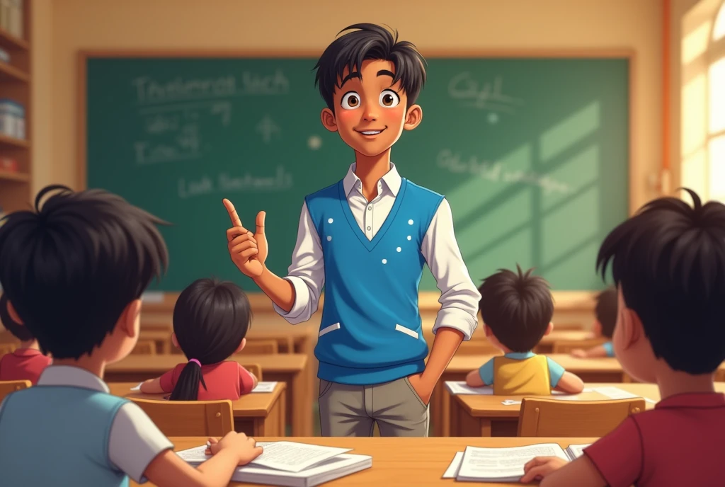 A vibrant anime-style medium shot of a young Indian student, likely between 17-2, standing confidently in front of a classroom, enthusiastically teaching a group of children. He wears a crisp white shirt with a relaxed collar, paired with a bright blue vest adorned with minimal white patterns, conveying a sense of authority and approachability. The classroom background is warm and inviting, with rows of wooden desks and chairs, adorned with scattered textbooks, pencils, and papers, creating a sense of liveliness and learning. The student's dark brown skin has a subtle sheen, and his expressive eyes, with a gentle smile, convey kindness and passion for teaching. His black hair is neatly combed, with a few stray strands framing his forehead. The overall atmosphere is one of warmth, engagement, and knowledge sharing.