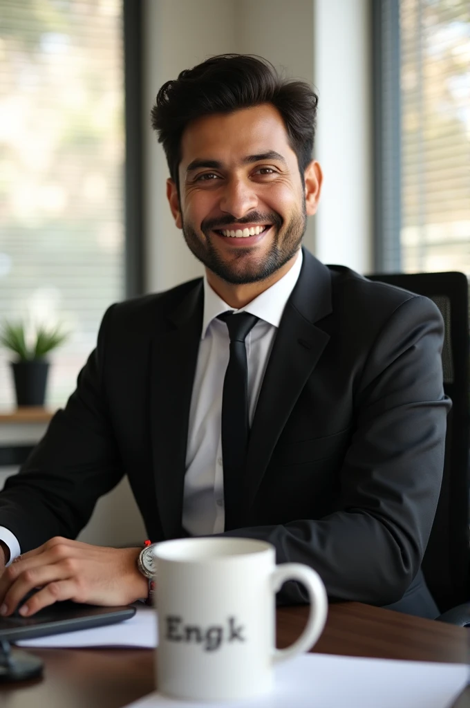 Dark hair and confident smile. He is wearing a black tie and blazer over a white shirt. The man wears a watch on his left hand and a red rakhi on his right hand. The sun is shining through the window, the office is busy working on the computer and the body of the copy mug on the table has Engr.P K Gosh written on it. He is posing for Facebook profile