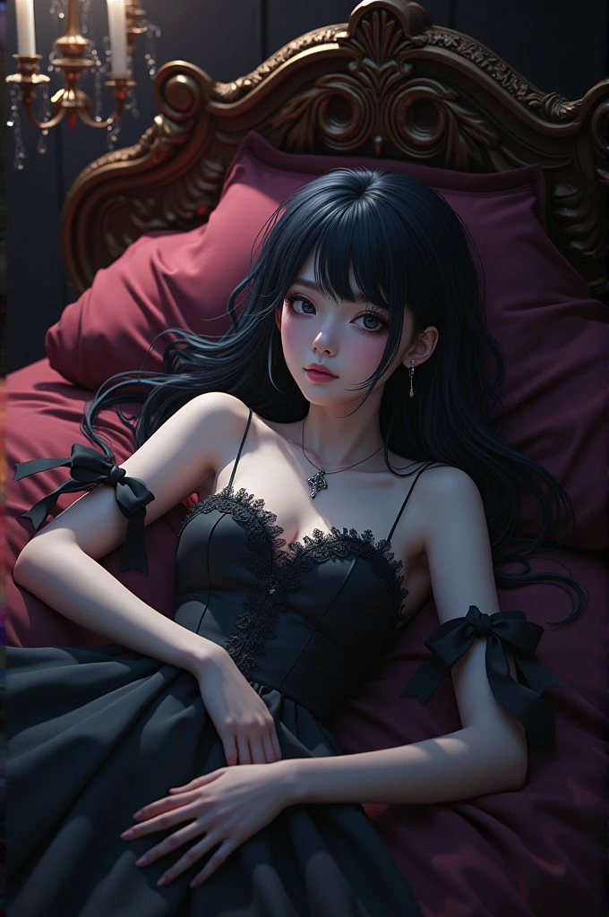 Gothic anime style girl with a submissive look lying on top of a luxurious bed 