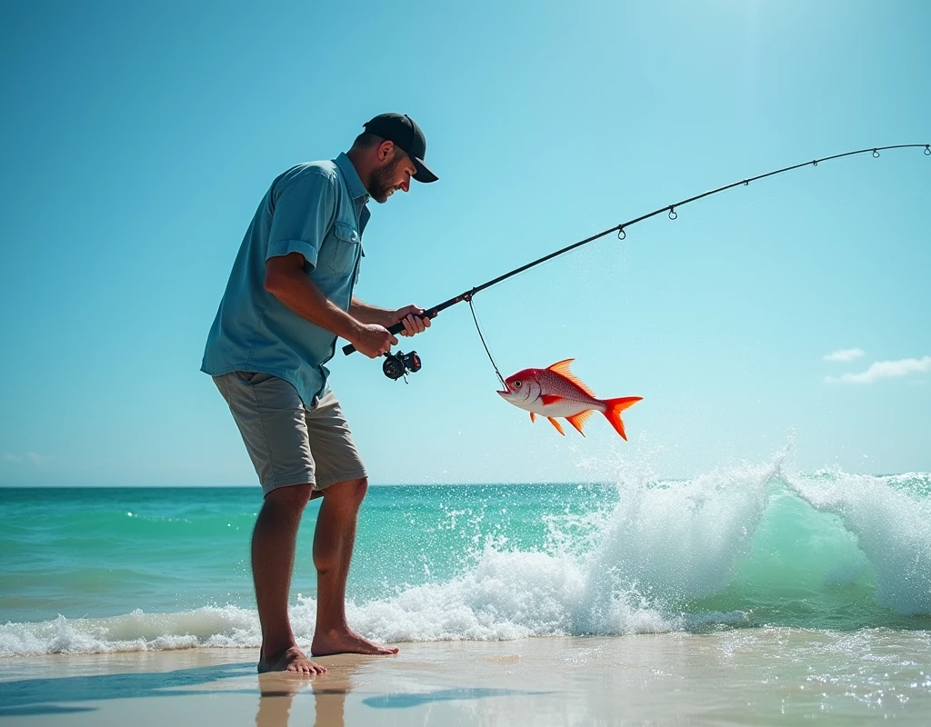 Professional photos, The hook landed on the water, Thrown from a fishing pole, Red Snapper biting from jetty, dynamic motion, Clear Ocean Beach blue water surf casting, (surf casting), A fisherman can be seen on the beach in the background looking towards us., Bend the surf rod in your hand, Staring intently at the fish, BREAK The moment the fish bites the hook, and…