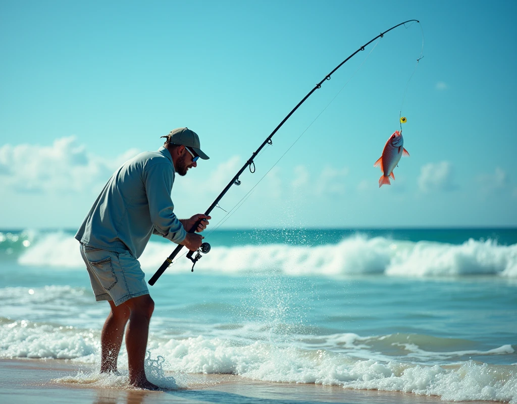 Professional photos, The hook landed on the water, Thrown from a fishing pole, Red Snapper biting from jetty, dynamic motion, Clear Ocean Beach blue water surf casting, (surf casting), A fisherman can be seen on the beach in the background looking towards us., Bend the surf rod in your hand, Staring intently at the fish, BREAK The moment the fish bites the hook, and…