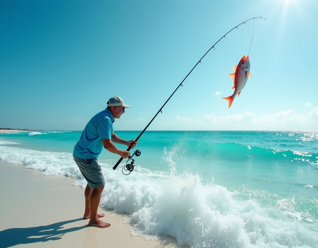 Professional photos, The hook landed on the water, Thrown from a fishing pole, Red Snapper biting from jetty, dynamic motion, Clear Ocean Beach blue water surf casting, (surf casting), A fisherman can be seen on the beach in the background looking towards us., Bend the surf rod in your hand, Staring intently at the fish, BREAK The moment the fish bites the hook, and…