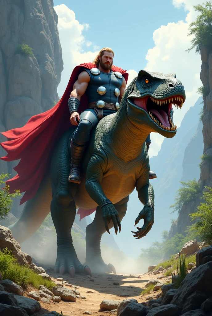 Thor sitting ing on the back of a large danger dinosaurs, dinosaur walking forward