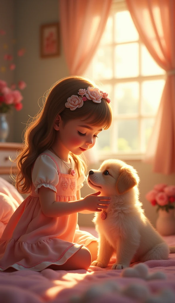 A girl, beautiful a small puppy, bidding, Idyllic, magic scene, beautiful room , (Best Quality, 4k, 8k, High resolution, masterpiece:1.2), ultra detailed, (realist, photorealist, photo-realist:1.37), warm lighting, vibrant colors, soft focus, Fairy tale, dreamer, cozy, adorable, Beautiful, Capricious, fancy, charming, sereno, peaceful, innocent, comforting, Imaginative