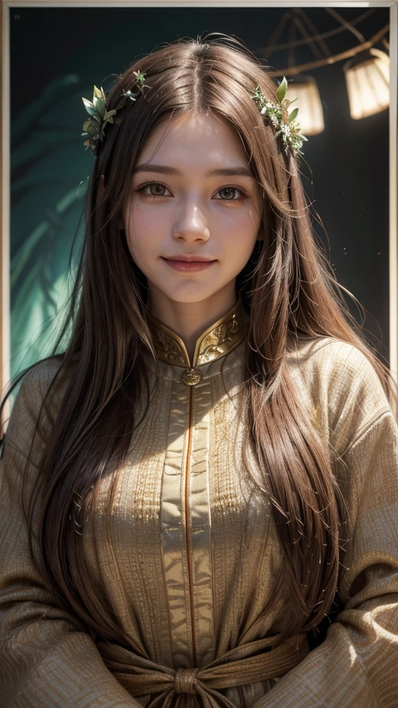 (Front Focus), Hyperrealist Female Portrait by David Hockney and Alphonse Mucha, Fantasy art, Photorealistic, Dynamic Lighting, Art Station, Poster,, Highly detailed face, 4k yen, Awards, One person,, Modest,, (Official attire:1.4), Long Hair,smile,Halo,女god,Clean and fresh,Woman with perfect figure、god々
