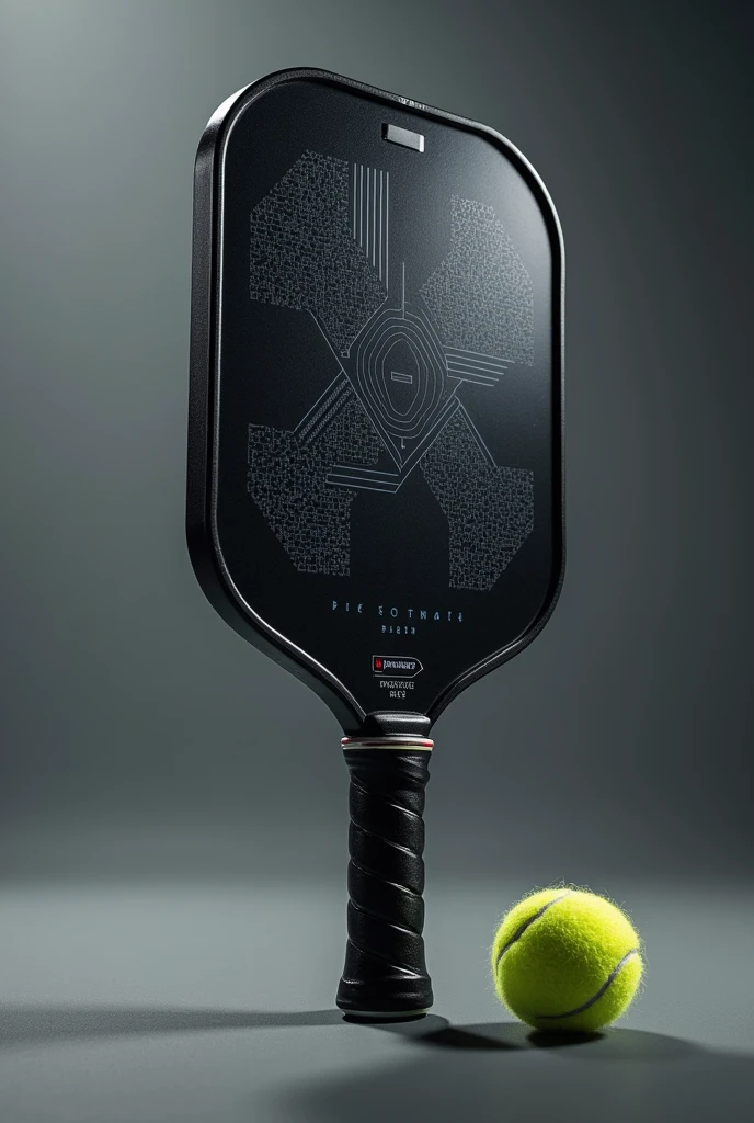 Design a pickleball paddle suited for players aged 30-50, focusing on durability and precision. The paddle should have a robust and resilient build, with a sleek, professional appearance. Use high-quality materials like carbon fiber or composite for strength and longevity. Incorporate a refined design with an ergonomic handle that ensures a comfortable grip and optimal control. The paddle face should feature advanced texture and pattern for enhanced accuracy and performance. Opt for a color palette that includes classic, muted tones with subtle, high-tech accents to reflect its premium and reliable nature
