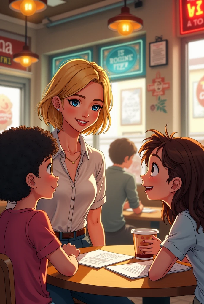 Drawing of an adult blonde woman being interviewed by a girl with short curly hair and another with long curly hair in a pizzeria