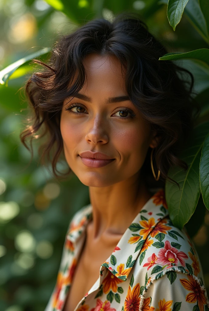 A Brazilian woman in a lush tropical garden, wearing an open shirt with a floral print, with a close-up capturing the harmonious beauty between her breasts and the natural flowers, showing off your natural charm and outgoing personality.